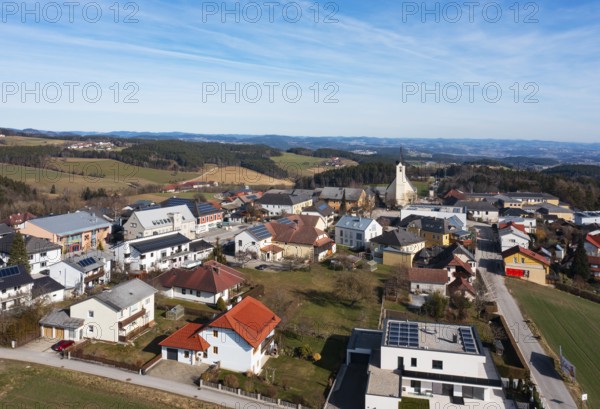 Drone image, view of village with parish church, Altenberg near Linz, Mühlviertel, Upper Austria, Austria, Europe