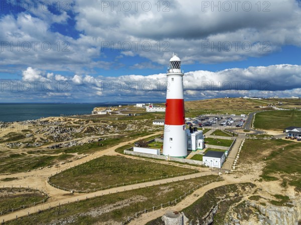 Portland Bill Lighthouse from a drone, Portland Bill, Isle of Portland, Dorset, England, United Kingdom, Europe