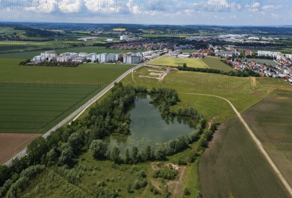 Drone image, shoring in grassland with pond, housing estate, high-rise housing estate, Asten, Linz Land district, Upper Austria, Austria, Europe