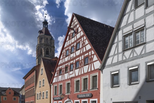 Historic house gables and the tower of St Andrew's Church, Weißenburg, Middle Franconia, Bavaria, Germany, Europe