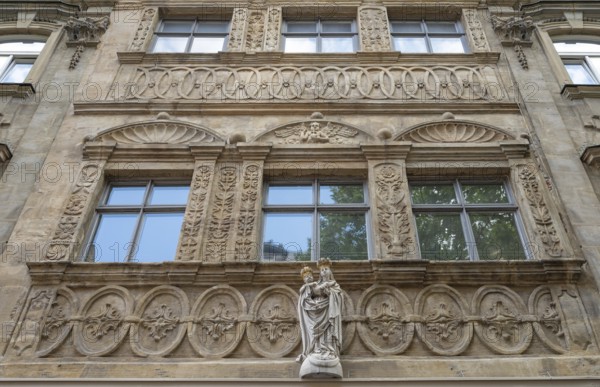 Figure of a saint, house saint on a house facade around 1900, Bamberg, Upper Franconia, Bavaria, Germany, Europe