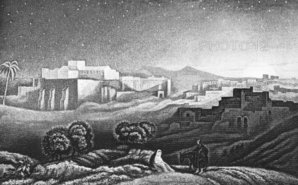 Townscape of Bethlehem, fields, starry sky, birthplace of Jesus, Bible, historical illustration 1854