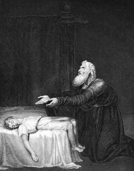 The prophet Elijah or Elijah awakens the son of the widow of Sarepta, second book of Kings, chapter 17, miracle, bed, room, death, Old Testament, Bible, historical illustration 1854