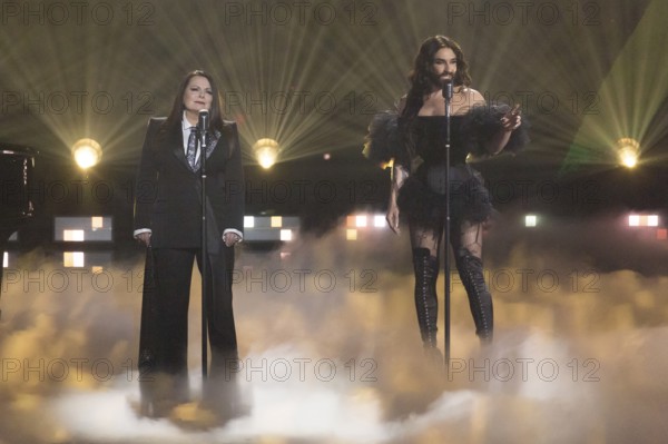 Marianne Rosenberg and Conchita Wurst at the Beatrice Egli Show in Studio Berlin Adlershof on 08.04.2025. The broadcast will take place on Easter Saturday, 19 April 2025, 8:15 pm, on Ersten
