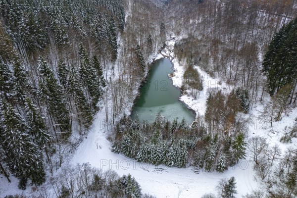 Snow-covered forest and Lake Constance near Winterberg seen from the air, Sauerland, North Rhine-Westphalia, Germany, Europe