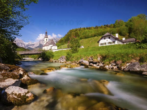 Parish church of St Sebastian on the Ramsauer Ache, behind Reiteralpe, Ramsau, Berchtesgadener Land, Upper Bavaria, Bavaria, Germany, Europe