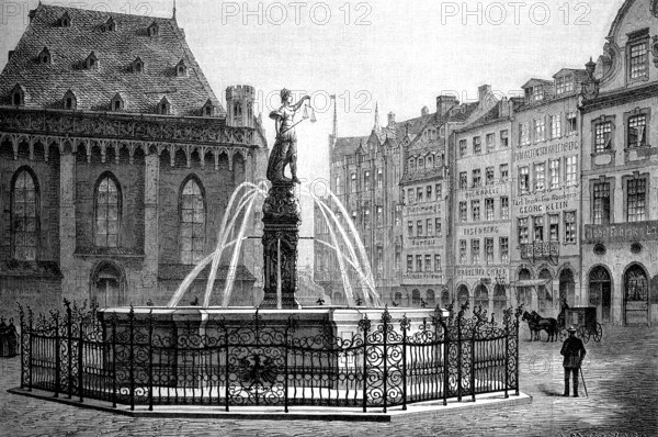 He Justitiabrunnen in Frankfurt am Main, Germany, in 1871 / The Justitia Fountain in Frankfurt am Main, in 1871, Historical, digital reproduction of an original from the 19th century, Europe