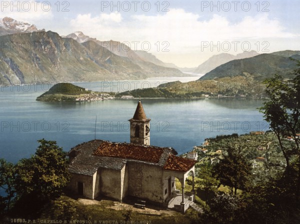 Capello St Angelo and view of Bellagio, Lake Como, Italy, c. 1895, Historic, digitally restored reproduction from a 19th century original, Record date not stated, Europe