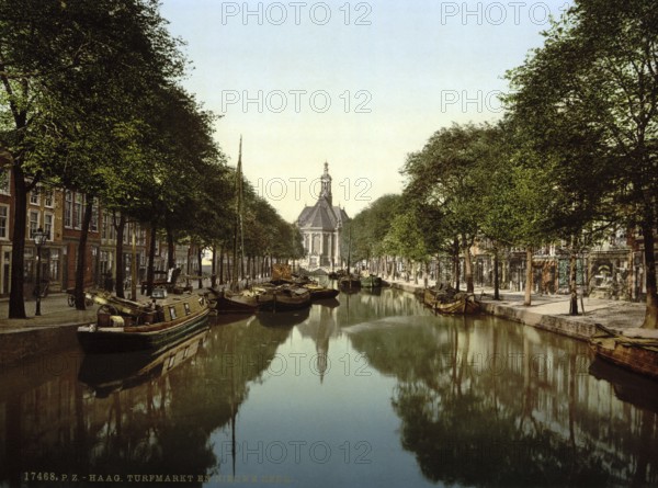 Peat market and new church, The Hague, Holland, ca 1895, Historical, digitally restored reproduction from a 19th century original, Record date not stated