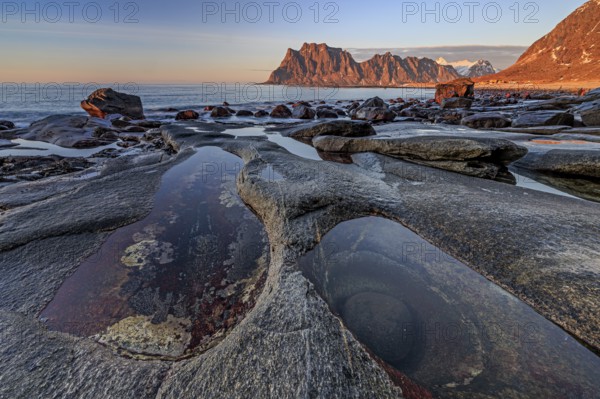 Rocky coast in front of steep mountains in the evening light, winter, the eye, Utakleiv, Vestvagoya, Lofoten, Norway, Europe