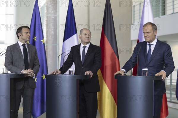 Olaf Scholz (SPD), Federal Chancellor, Emmanuel Macron, President of France, Donald Tusk, Prime Minister of Poland, at a press conference at the Federal Chancellery in Berlin, 15 March 2024
