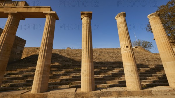 Acropolis of Lindos, morning light, Propylaea with open staircase, Lindos, Rhodes, Dodecanese, Greek Islands, Greece, Europe