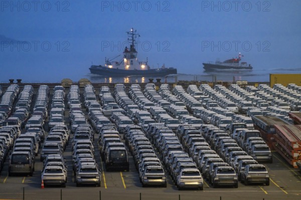 Parking space for import vehicles, hundreds of Hyundai Ioniq, electric cars, waiting for onward transport, ship on the Weser, at the EUROGATE container terminal in the overseas harbour of Bremerhaven, Lower Saxony, Germany, Europe
