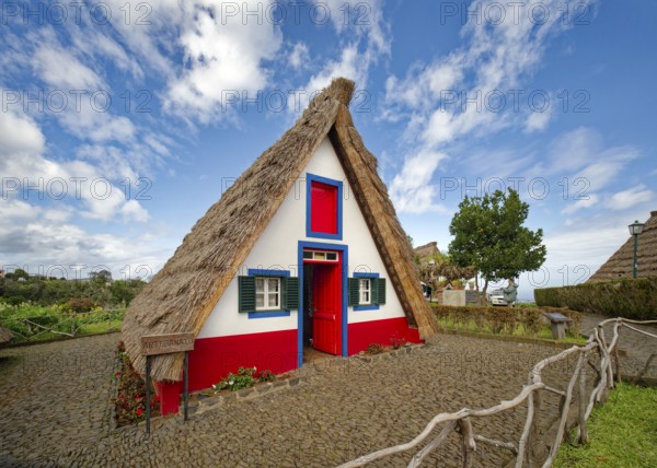Typical traditional thatched houses Casinhas de Santana, landmark, UNESCO biosphere reserve, tourist event, Santana, Madeira, Portugal, Europe