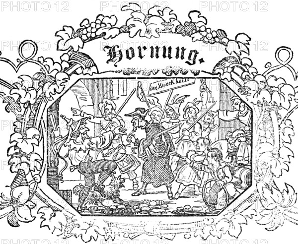 Month of Hornung or February, festival with parade and disguise, drummers, children, men, woman, grapevine ornamentation, woodcut illustration, Swiss calendar for 1848