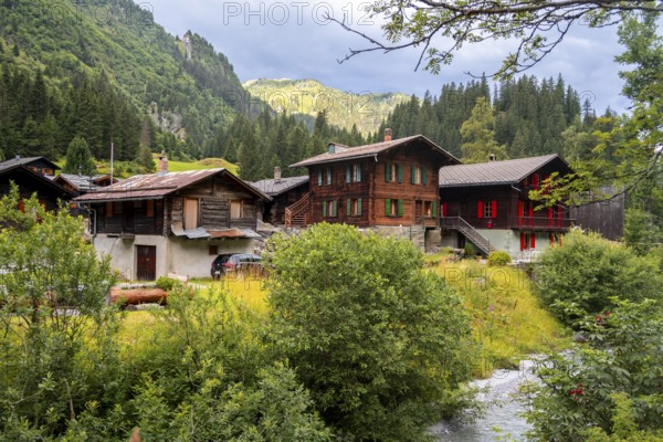 Traditional wooden houses in the mountain village of Fionnay, Val de Bagnes, Valais, Western Alps, Switzerland, Europe
