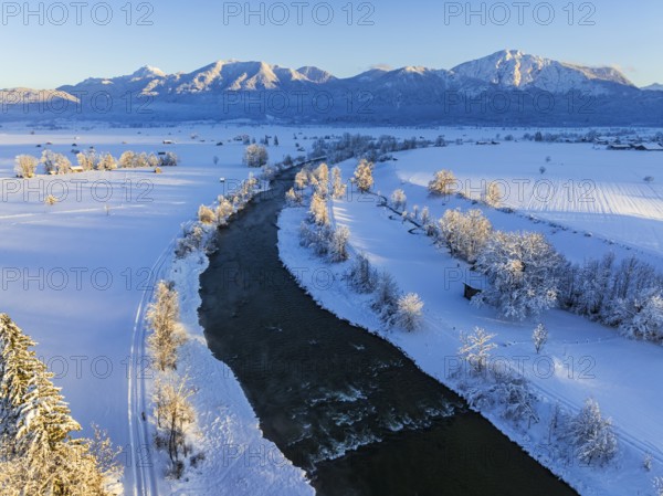 Aerial view of a river in front of mountains, evening light, snow, winter, Loisach, Alpine foothills, Upper Bavaria, Bavaria, Germany, Europe