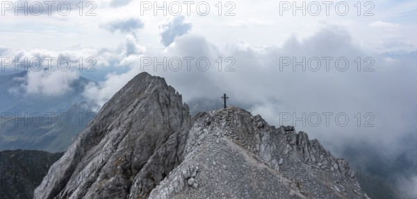 Aerial view, summit of the Großer Kinigat with summit cross, Carnic Main Ridge, Carnic High Trail, Carnic Alps, Carinthia, Austria, Europe