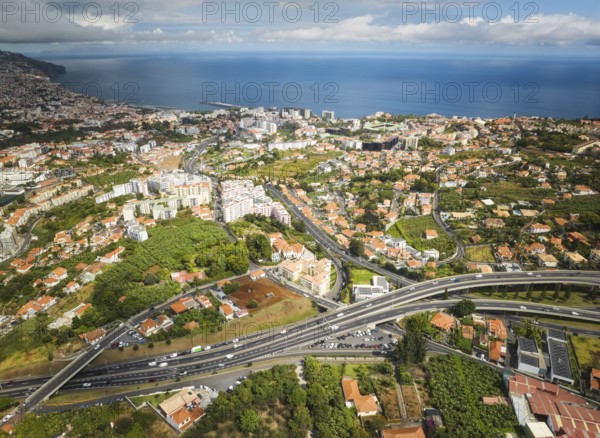 Aerial drone view of Funchal town, Madeira island, Portugal, Europe