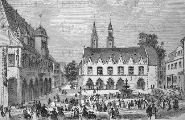 The town hall and market square of Goslar, Lower Saxony, Germany, in 1880, Historical, digital reproduction of an original 19th century artwork, Europe