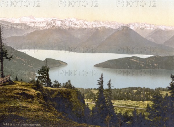 Rigi Rothhorn, View of Vitznau and the Alps, Rigi, Switzerland, Historic, digitally restored reproduction from a 19th century original, Record date not stated, Europe