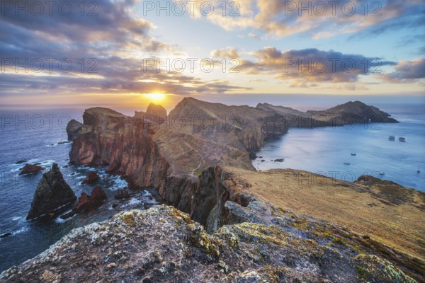 Madeira Island scenic rugged landscape, Ponta do Sao Lourenco cape on sunrise, Abismo viewpoint. Madeira, Portugal, Europe