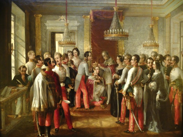 The coronation of Franz Joseph (which never actually took place) in the throne room of the prince-bishop's residence in Olomouc, Historical, digitally restored reproduction from a 19th century original, Record date not stated