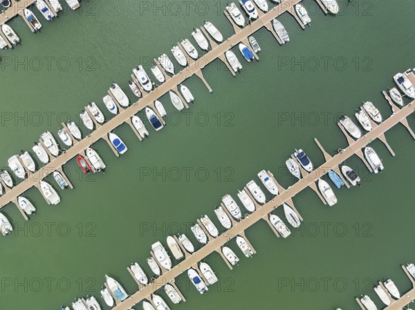 Marina wharves at the river mouth of the Piedras River. Aerial view. Drone shot. Huelva province, Andalusia, Spain, Europe