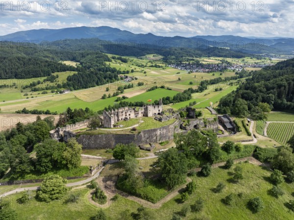 Aerial view of the ruins of Hochburg Castle, also known as Hachberg, 11th century, between Emmendingen, Sexau and Windenreute, second largest castle complex in Baden, administrative district of Freiburg, Black Forest, Baden-Württemberg, Germany, Europe