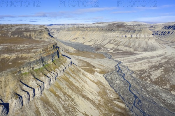 Aerial view over river delta at Skansbukta in the outer Billefjorden, Billefjord, southeast of Dickson Land, Svalbard, Spitsbergen, Norway, Europe