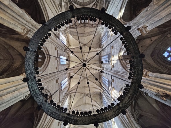 Interior view with view through the Gothic chandelier, Cathedral of St Stephen and St Sixtus, Halberstadt, Saxony-Anhalt, Germany, Europe