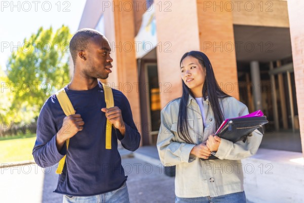Two female and male multiracial friends talking at the entrance of the university