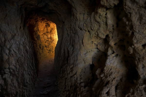 Light at the end of the tunnel, Algar Seco rock formation, coloured rocks and underground caves, caves, glow, glow, sun, shell limestone, Carvoeiro, Algarve, Portugal, Europe