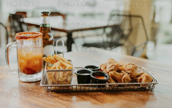 Delicious spicy chicken wings with fries and michelada accompanied by beer served on a restaurant table
