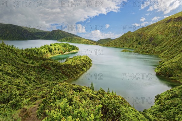 A tranquil lake surrounded by green mountains and wooded slopes under a blue sky, crater lake Lagoa do Fogo, Caldeiras, Sao Miguel Island, Azores, Portugal, Europe