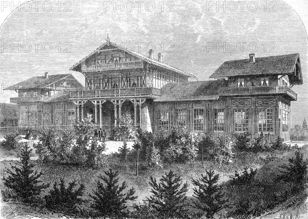 Laboratory, office and official residence of the Hüningen hatchery, Alsace, France, in 1885, Historical, digital reproduction of an original 19th century model, Europe