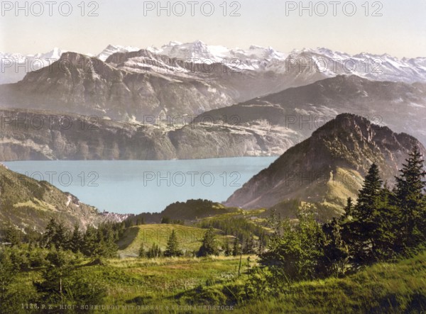 Scheidegg, with Gersau and Vitznauer Stock, Rigi, Switzerland, Historic, digitally restored reproduction from a 19th century original, Record date not stated, Europe