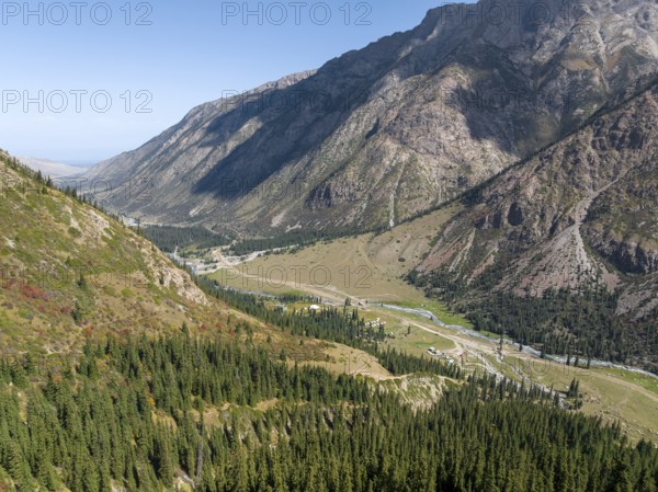 Aerial view, mountain landscape, mountain valley, Jeti-Ögüz, Issyk-Kul region, Kyrgyzstan, Asia