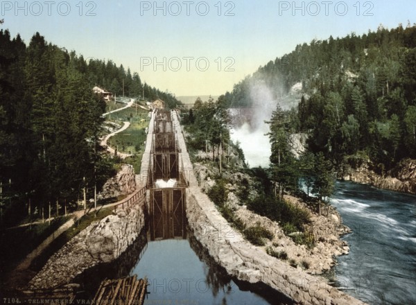 Vrangfoss lock on the Bandak-Nordsjo Canal, today known as the Telemark Canal, Telemark Canal, Norway, around 1895, Historical, digitally restored reproduction from a 19th century original, Record date not stated, Europe