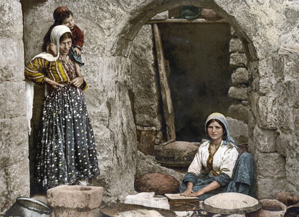 Peasant woman baking bread, Syria, Historical, digitally restored reproduction from a 19th century original, Record date not stated, Asia