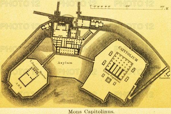 Floor plan of Mons Capitolinus, Capitoline Hill, Hill of the Capitol with scale, religious centre of power, Asylum, Capitolium, Temple of the Capitoline Triad deities, title, ancient Rome, Italy, coloured historical illustration from 1882, Europe