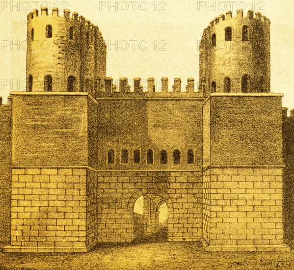 Porta Appia, city gate with defence towers, part of the city wall, battlements, defence, attack, military, ancient Rome, Italy, coloured historical illustration from 1882, Europe