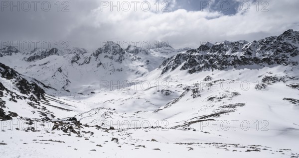 View at the summit of Piz Laviner, mountain panorama in winter, mountain landscape with mountain peak Piz Bever, Grisons Haute Route, Albula Alps, Rhaetian Alps, Grisons, Eastern Switzerland, Switzerland, Europe