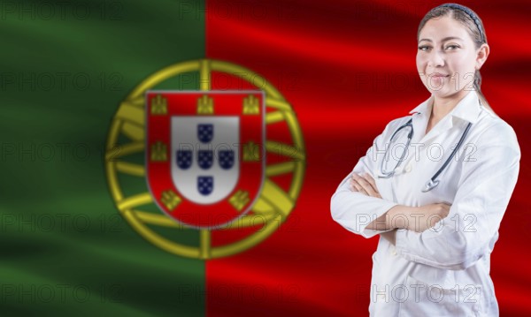Female doctor on Portugal flag. Doctor with crossed arms on Portugal flag. Portugal health and care concept