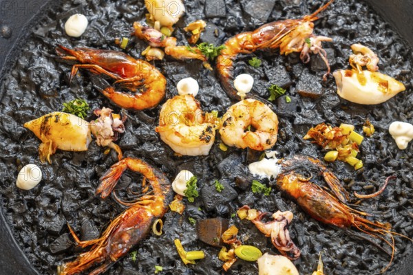 Close up of black rice paella with grilled shrimps, squid, and aioli, a typical dish from mallorca, spain