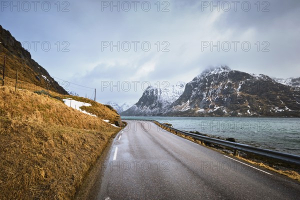 Road in Norwegian fjord. Lofoten islands, Norway, Europe