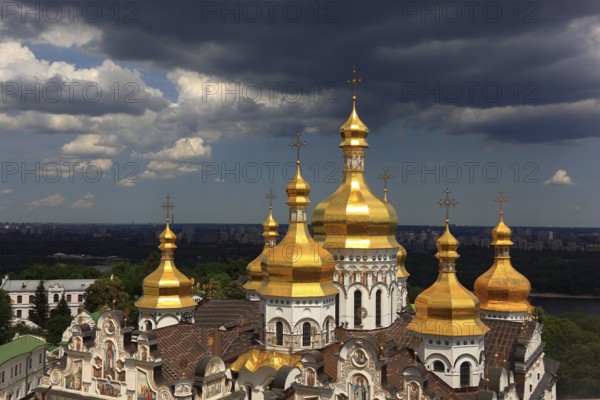 View of the Uspensky Cathedral and the monastery complex of the Kiev Cave Monastery, Holy Mary of the Assumption Monastery, Pecherskaya Lavra, Kiev, Ukraine from the bell tower