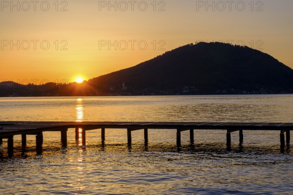 Sunset, jetty at the lido Weyregg am Attersee, Salzkammergut, Upper Austria, Austria, Europe