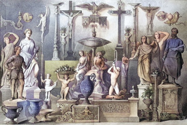 Zinc cast ornaments from the zinc foundry of L. Weber in Leipzig, Germany, 1880, Historic, Reproduction of an original 19th century pattern, digitally enhanced, Europe