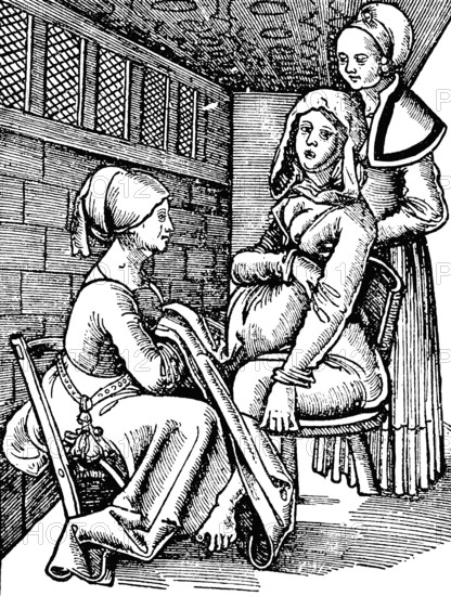 Woman giving birth to her child, Gebärende Frau, German woodcut, 18th century, Historic, digitally restored reproduction of an original 19th century print, exact original date unknown